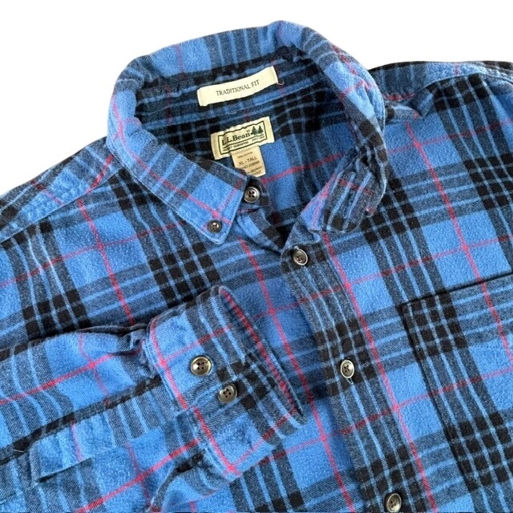 L.L. Bean Mens Traditional Fit Blue Plaid Button Up Flannel Shirt XL-Tall Cotton